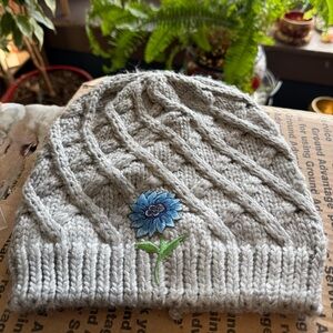 Gray Beanie with Blue Floral Design hand crafted